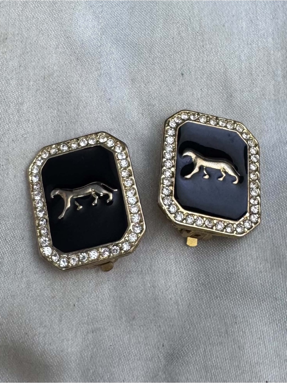 Vintage Gold-Tone Black Enamel Jaguar Clip on Earrings with Crystal Halo